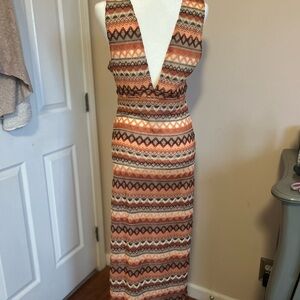 VENUS Orange & Brown Patterned Deep V Maxi Dress